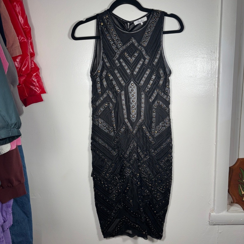 Parker Rodan Dress Sz L Black Studded Sleeveless Bodycon Mini Goth Clubwear - Picture 3 of 12
